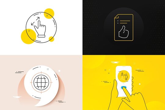 Minimal set of Touchscreen gesture, Seo internet and Launch project line icons. Phone screen, Quote banners. Approved document icons. For web development. Zoom in, Globe, Business innovation. Vector