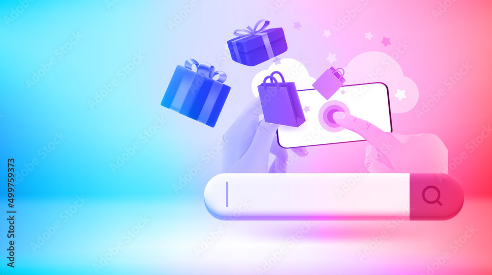 Poster buyer making purchase via mobile application vector 3d banner with copy space
