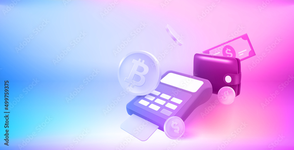 Poster calculator witn coins, card and banknote. 3d vector banner with copy space