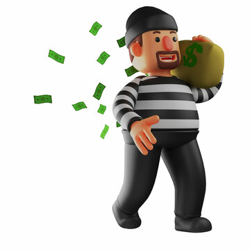 3D Thief Cartoon Illustration carrying a sack of money