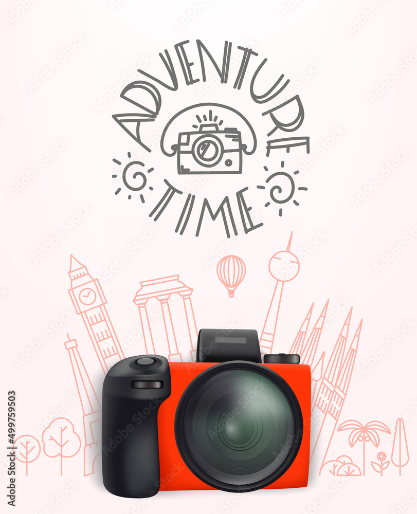 Poster modern digital camera with different travel elements vector illustration. adventure time concept