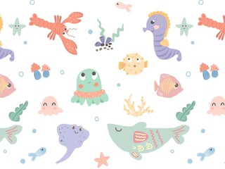 Fototapeta na wymiar Underwater world pattern. Cartoon underwater characters. Whale, fish, starfish, octopus. Hand-drawn pattern for children's textiles, wallpapers, fabrics.