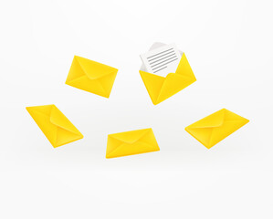 Flying envelopes on white background. 3d vector illustration