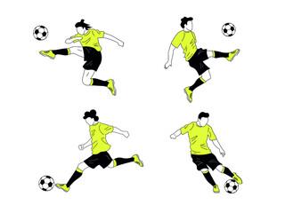 Obraz premium Set of different football, soccer players. Defender, forward kicking the ball in the air, dribbling, striking penalty. Black and yellow minimalistic characters.