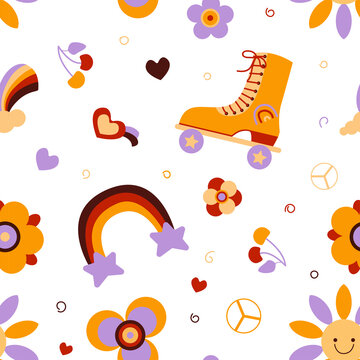 Cute retro roller skates seamless pattern background. Vintage 70s style texture. Cool hippie vector texture for fabric, textile, fashion print, wallpaper design