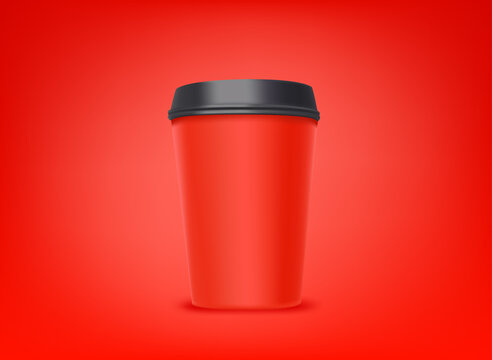 Red coffee cup with black cap on red backgrond. 3d vector illustration