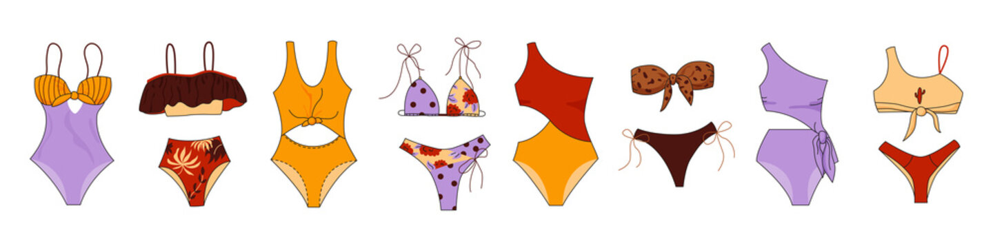 Collection of stylish women's swimwear on white background. Various fashionable summer models design of one piece and two piece swimsuits. Color flat vector illustration isolated on white background