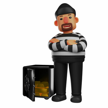 3D Thief Cartoon Character having a safety box