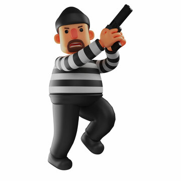 A villain 3D Thief Cartoon Illustration ready to shoot his gun