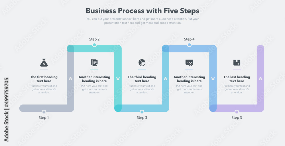 Wall mural business process template with five colorful steps. easy to use for your website or presentation.