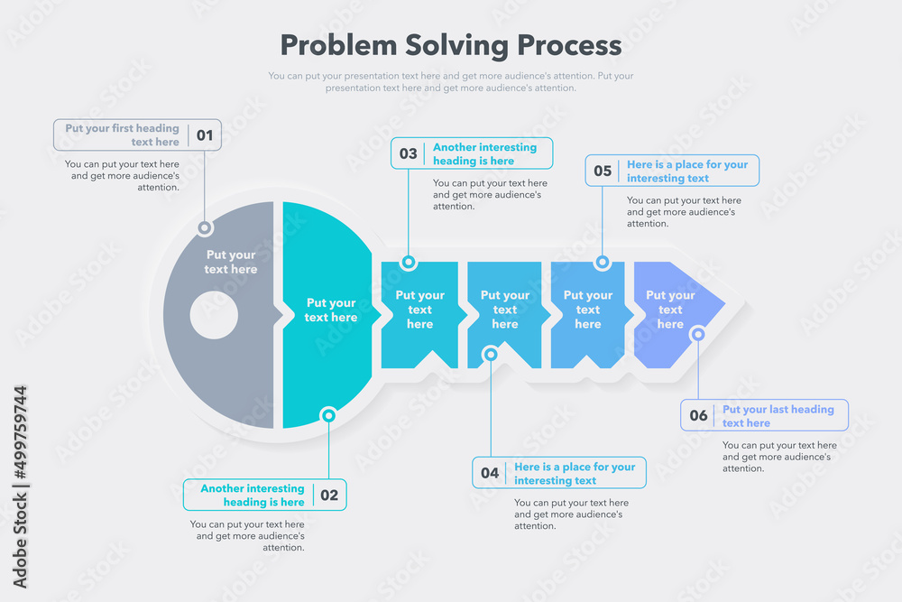 Aufkleber Problem solving process template with six steps. Easy to use for your website or presentation.
