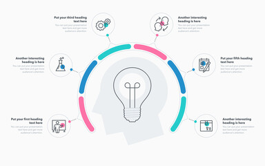 Innovation process template with six colorful steps. Easy to use for your website or presentation.