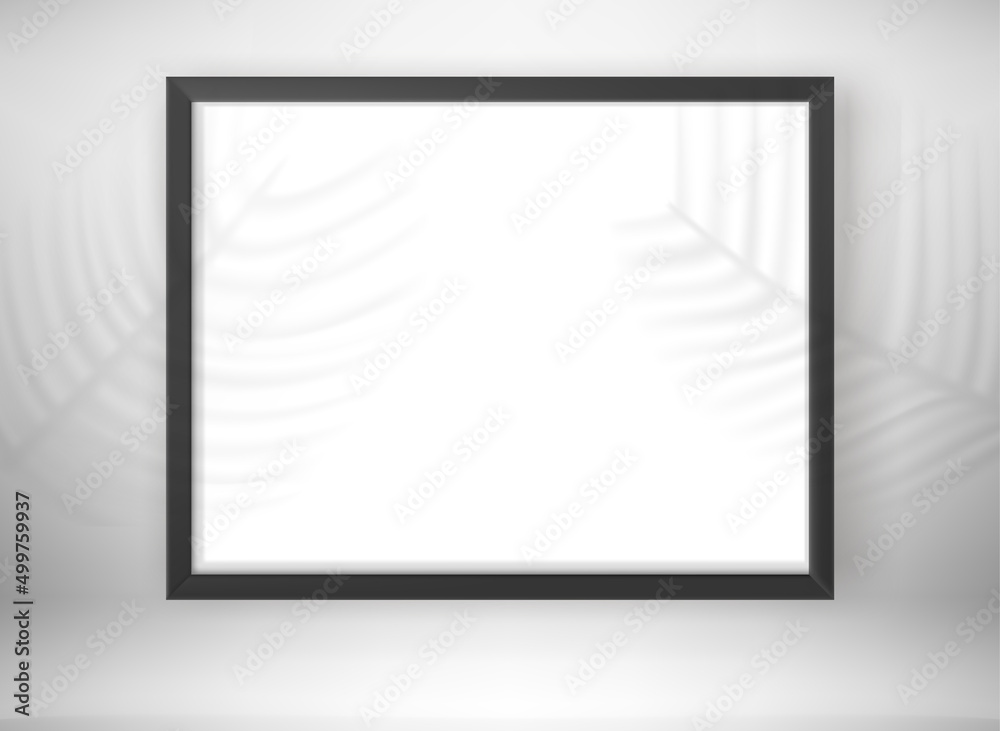 Poster empty black frame in interior with palm leaves shadows. 3d vector mockup