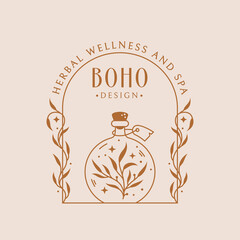 Potion boho logo. Trendy emblem for botanical healing, medicinal herbs, homeopathy, aromatherapy, essential oils, natural beauty product, etc. Vector isolated badge with magic elixir bottle and plants