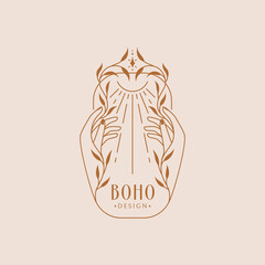 Boho logo. Trendy line symbol for botanical healing, natural cosmetic, medicinal herbs, eco beauty products, esoteric, alchemy, etc. Vector isolated bohemian emblem with female hands, plant and sun. - 499759999