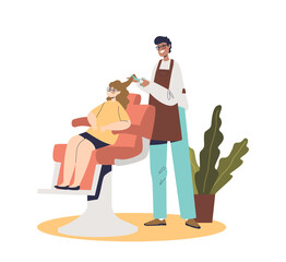 Female hairdresser cut hair for teenage girl. Hairdressing salon with child. Barbershop for kids