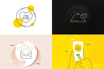 Minimal set of Inclusion, Love mail and Romantic dinner line icons. Phone screen, Quote banners. For ever icons. For web development. Equity rainbow, Valentines letter, Restaurant food. Vector