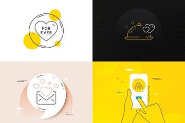 Minimal set of Inclusion, Love mail and Romantic dinner line icons. Phone screen, Quote banners. For ever icons. For web development. Equity rainbow, Valentines letter, Restaurant food. Vector