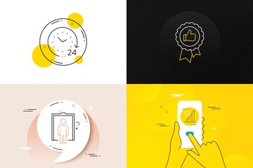Minimal set of 24 hours, 5g wifi and Elevator line icons. Phone screen, Quote banners. Positive feedback icons. For web development. Time, Wireless signal, Lift. Award medal. Vector