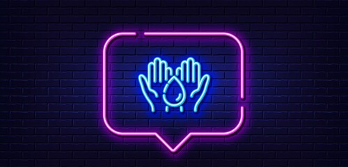 Neon light speech bubble. Moisturizing oil line icon. Skin care sign. Wash hands symbol. Neon light background. Wash hands glow line. Brick wall banner. Vector