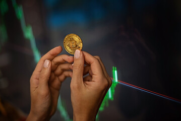 Bitcoin cryptocurrency coin in female hands against the graphs, rates on blurred background.