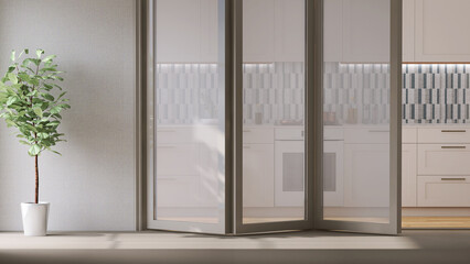 3d render interior mock up of a modern apartment, an open folding door for kitchen area, morning sunlight on blank empty wall. Fiddle leaf fig tree in a pot. Background, Home, Products overlay.