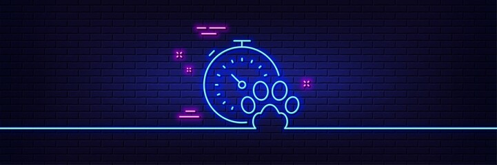 Neon light glow effect. Dog competition line icon. Pets timer sign. Activities results symbol. 3d line neon glow icon. Brick wall banner. Dog competition outline. Vector