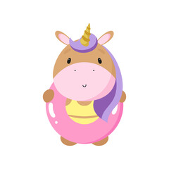 Cute Unicorn with Rubber Swimming Ring. Vector illustration in cartoon style.