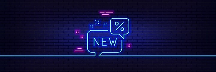 Neon light glow effect. New discount line icon. Sale shopping sign. Clearance symbol. 3d line neon glow icon. Brick wall banner. New outline. Vector