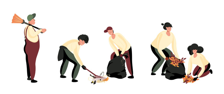 Set of people cleaning dry leaves and garbage. Flat vector isolated illustration