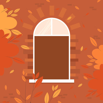 Empty building window in autumn. Flat vector illustration background.
