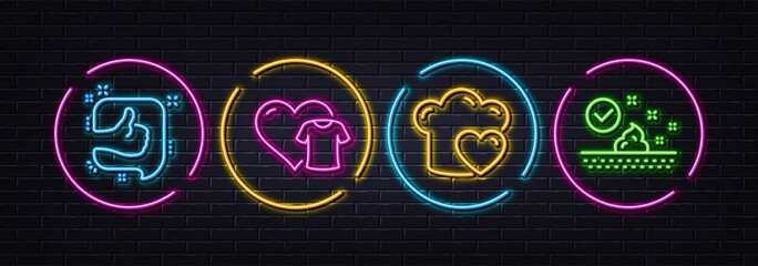 Clothing, Like and Love cooking minimal line icons. Neon laser 3d lights. Skin care icons. For web, application, printing. Donate shirt, Thumb up, Chef hat. Face cream. Neon lights buttons. Vector