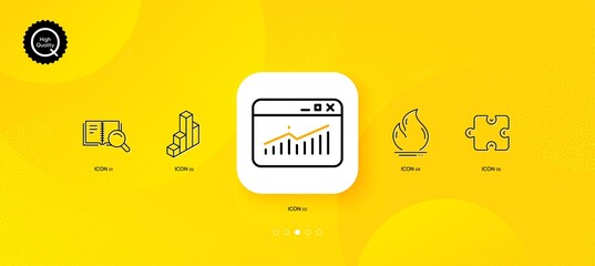Fototapeta na wymiar Website statistics, Search book and Puzzle minimal line icons. Yellow abstract background. 3d chart, Fire energy icons. For web, application, printing. Vector