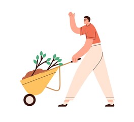 Happy person going, carrying wheelbarrow with soil and plants. Eco volunteer with tree seedlings. Man with spring saplings working outdoors. Flat vector illustration isolated on white background