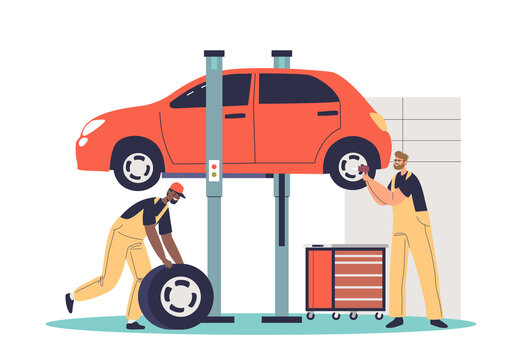 Roadside vehicle repair service workers change and mount tires at garage for car