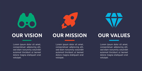 Our vision, mission and values banner. Infographic design template. Business strategy concept - obrazy, fototapety, plakaty