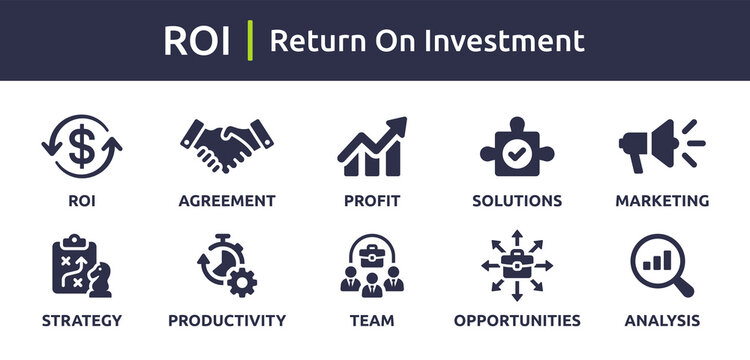 ROI, Return on investment, Business and financial icon set isolated on white background.