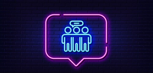 Neon light speech bubble. Employees group line icon. Collaboration sign. Development partners symbol. Neon light background. Employees group glow line. Brick wall banner. Vector
