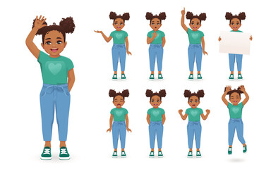 Smiling little girl in different poses set. Various kid gestures - showing, thinking, angry, crying, jumping, welcoming, holding blank board and making idea pointing up isolated vector illustration
