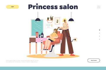 Princess salon concept of landing page with woman hairdresser making hair cutting for little girl
