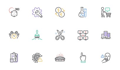 Accounting, Video conference and Click hand line icons for website, printing. Collection of Chemistry lab, Arena stadium, Augmented reality icons. Currency exchange, Customisation. Vector