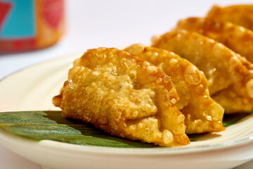 Gyoza deep fried in a plate on a banana leaf
