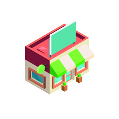 cafe isometry. isometric image of a one-story building. top view of a cafe with windows and a door.