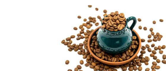 Coffee beans isolated on a white background. Full of coffee beans in a coffee mug. Close-up. Copy...