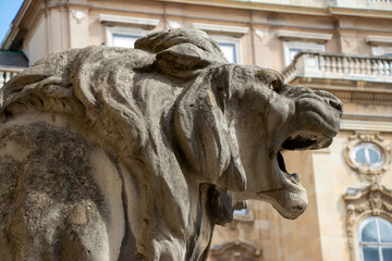 Close-up of a roaring lion head statue