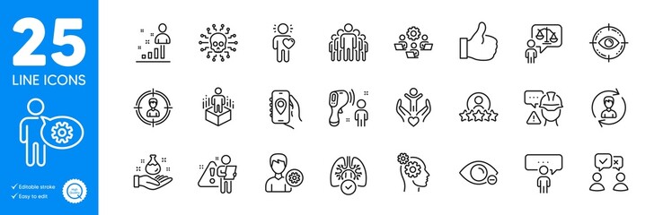 Outline icons set. Builder warning, Electronic thermometer and Eye target icons. Search employee, Cogwheel, Thoughts web elements. Group, People voting, Headhunting signs. Human rating. Vector