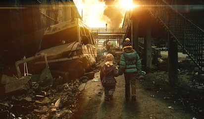 Two homeless little girl walking in destroyed city, soldiers and helicopters and tanks are still...