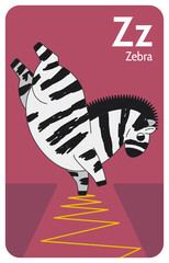 Zebra Z letter. A-Z Alphabet collection with cute cartoon animals in 2D. Zebra standing on its front legs. Striped zebra dancing breakdance and doing zigzag tricks. Hand-drawn funny simple style.