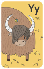 Yak Y letter. A-Z Alphabet collection with cute cartoon animals in 2D. Smiling yak standing on yellow grass and spinning the yo-yo toy on the horn. Hand-drawn funny simple style.