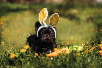 Smiling easter french bulldog with bunny ears between spring dandelion flowers